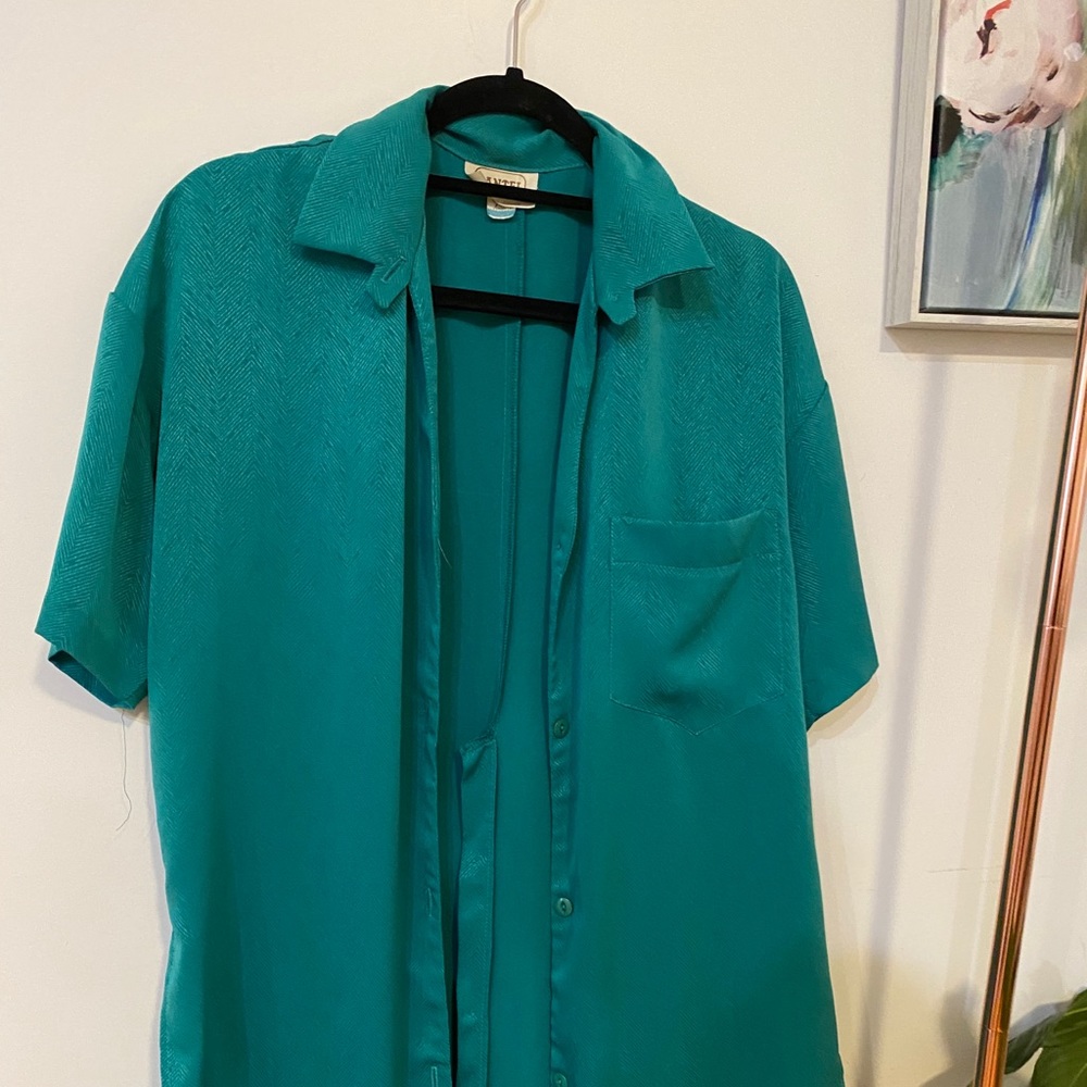 Vintage 80s Green Feathered Pattern Blouse